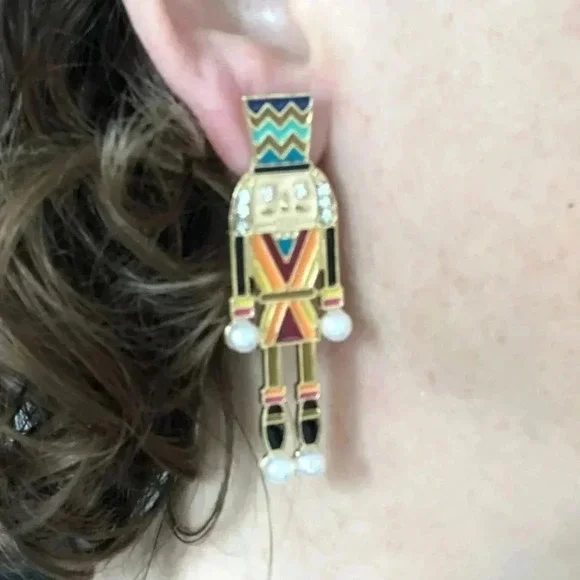 Large Gold Multicolor Colorful Nutcracker Stud Earrings NWT - Picture 2 of 4